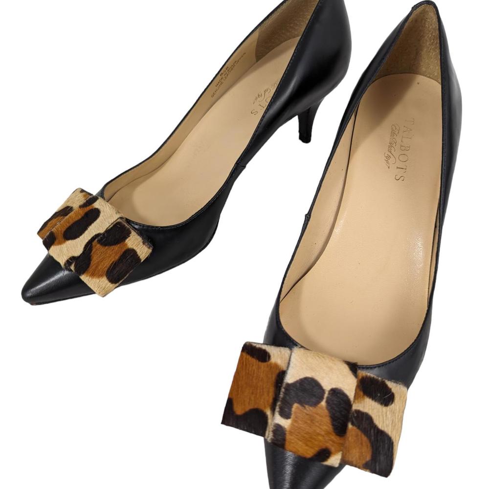 Talbots Black Leather Pointed Toe Pumps with Leopard Bow